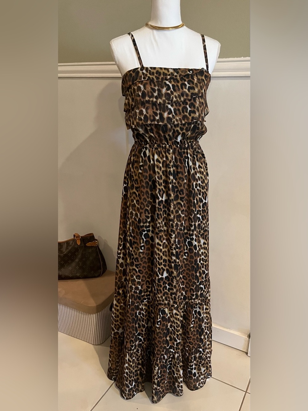 Express Leopard Print Tiered Maxi Dress - Brown & Black small